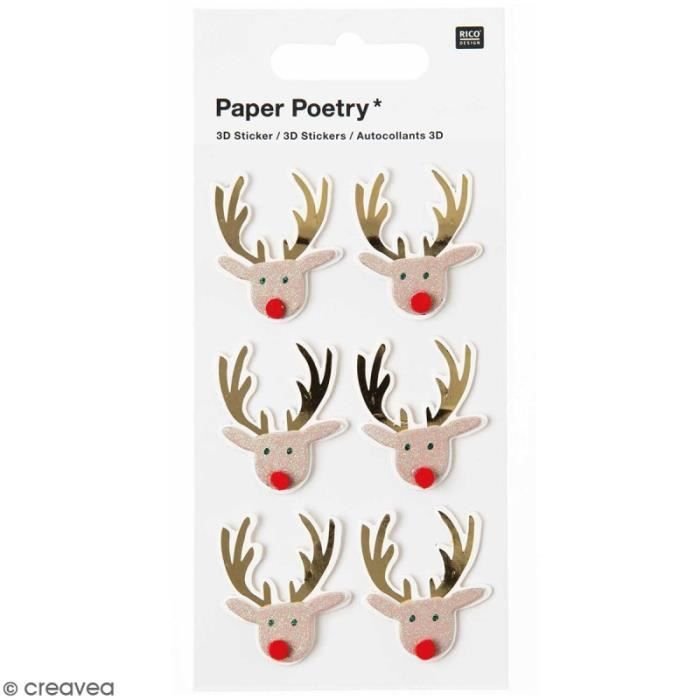 Naklejki Świąteczne 3D - Renifer - Brązowy - 6 szt