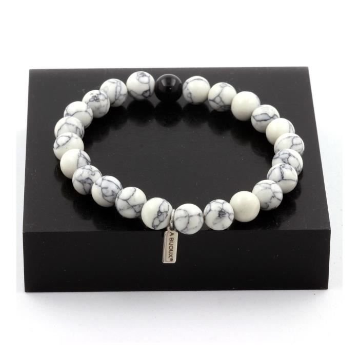 Kamienie i minerały. Bransoletka z koralików Howlite + Czarny Agat 8 mm. Wyprodukowano we Francji.
