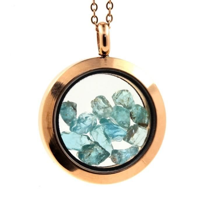 Naszyjnik z surowego apatytu Paraiba - ABIJOUX - Medalion 20 mm - Kryształ - Stal nierdzewna - Szkło float