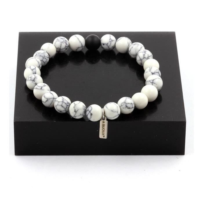 Kamienie i minerały. Bransoletka z koralików Howlite + matowy czarny onyks 8 mm. Wyprodukowano we Francji.