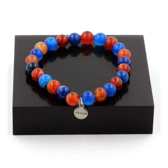 Kamienie i minerały. Bransoletka z koralików z agatem pręgowanym + agat z niebieskim paskiem 8 mm. Wyprodukowano we Francji.