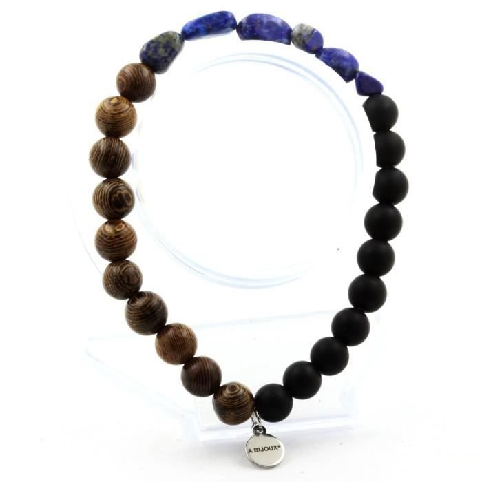 Kamienie i minerały. Bransoletka z lapisu lazuli z Pakistanu + koraliki z matowego czarnego onyksu + drewno 8 mm. Wyprodukowano we Francji.
