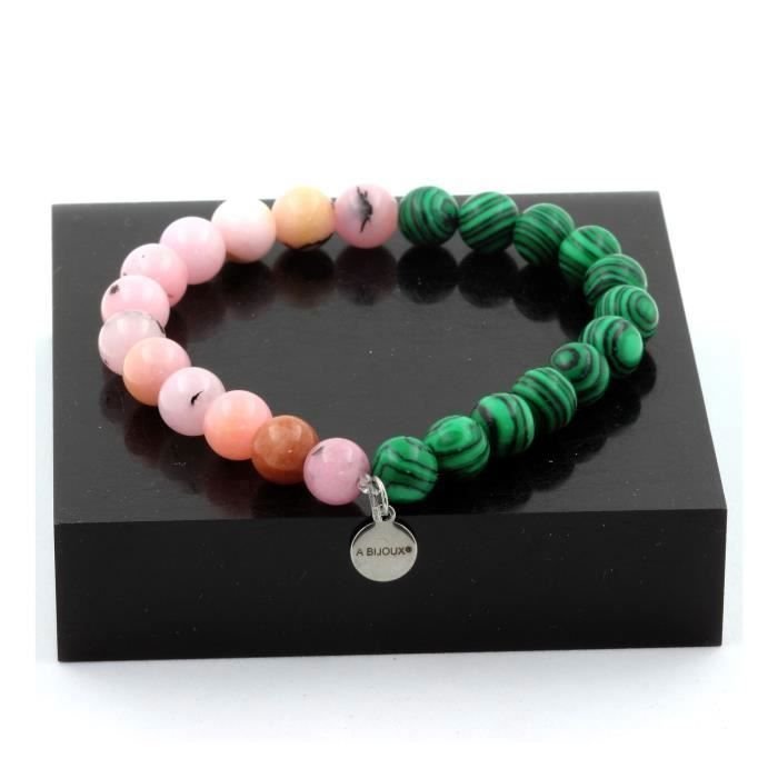 Kamienie i minerały. Bransoletka z koralików malachitowych + różowy opal 8 mm. Wyprodukowano we Francji.
