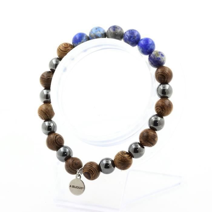Kamienie i minerały. Bransoletka z koralików Lapis Lazuli z Pakistanu + Hematyt + drewno 8 mm. Wyprodukowano we Francji.