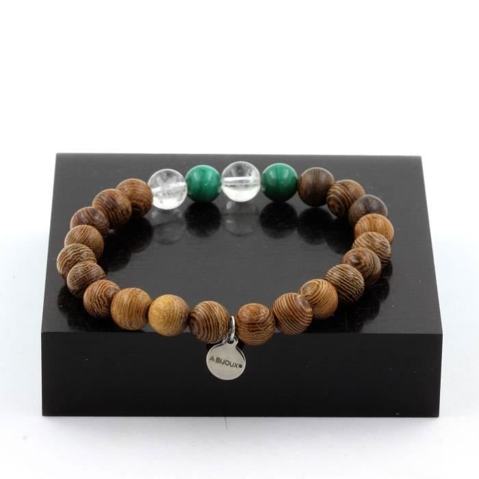 Kamienie i minerały. Bransoletka z koralików malachitu Kongo + kwarc + drewno 8 mm. Wyprodukowano we Francji.
