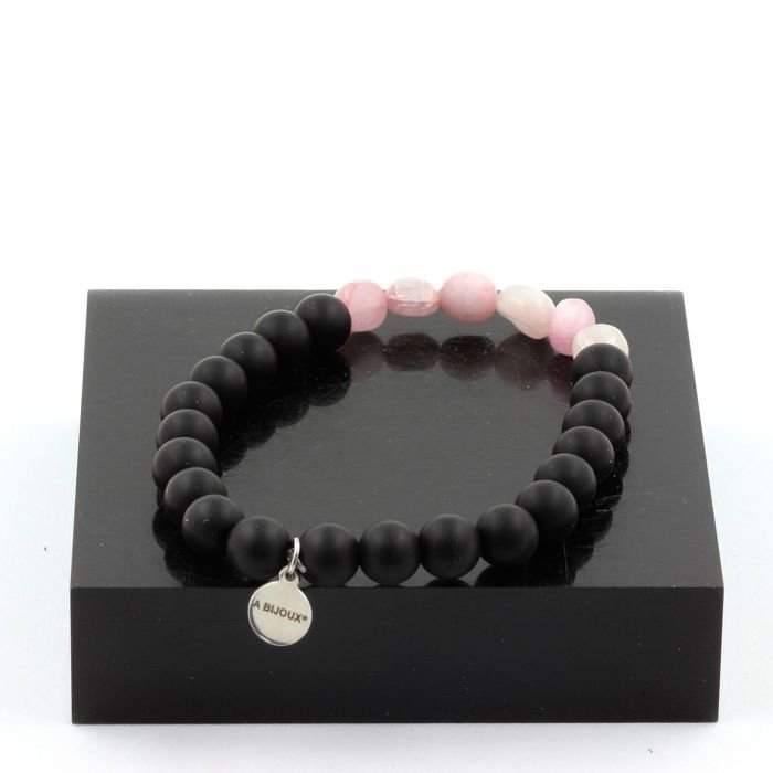 Kamienie i minerały. Bransoletka Kunzite z Brazylii + koraliki z matowego czarnego onyksu + drewno 8 mm. Wyprodukowano we Francji.