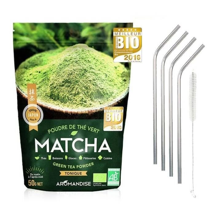 Organiczna zielona herbata Matcha w proszku 50 g + 4 słomki ze stali nierdzewnej