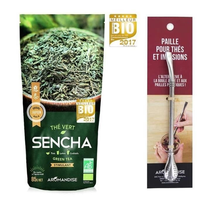 Organiczna japońska zielona herbata Sencha + słomka ze stali nierdzewnej z filtrem