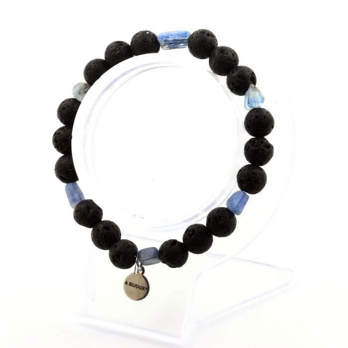 Kamienie i minerały. Bransoletka z niebieskiego cyjanitu z Brazylii + koraliki lawy 8 mm. Wyprodukowano we Francji.