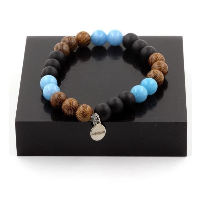 Kamienie i minerały. Bransoletka z niebieskich koralików chalcedonu + matowy czarny onyks + drewno 8 mm. Wyprodukowano we Francji.