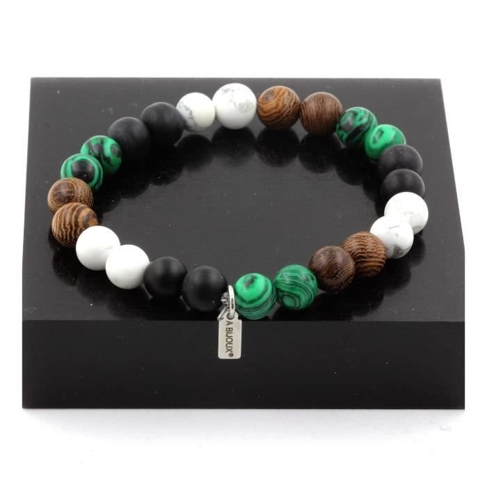 Kamienie i minerały. Bransoletka z koralików Howlite + Malachit + Matowy czarny onyks + Drewno 8 mm. Wyprodukowano we Francji.