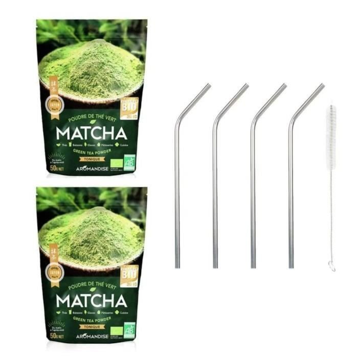 Organiczna zielona herbata Matcha w proszku 100 g + 4 słomki ze stali nierdzewnej