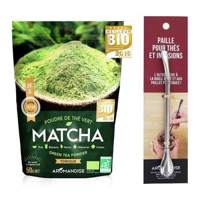 Organiczna zielona herbata Matcha w proszku 50 g + słomka ze stali nierdzewnej z filtrem
