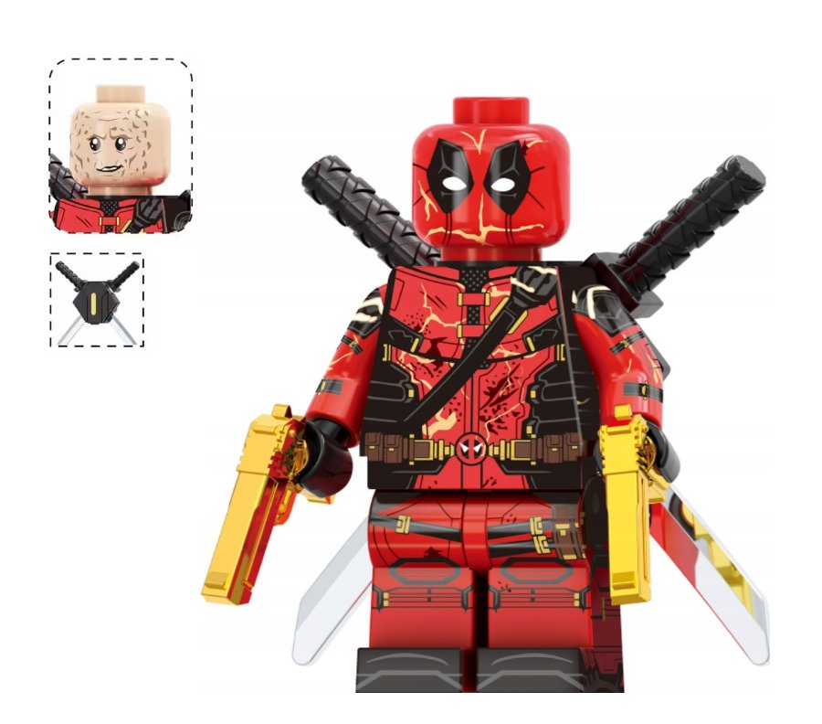 Klocki figurka ludzik DEADPOOL złote pistolety 2-główki 2-miecze podstawka