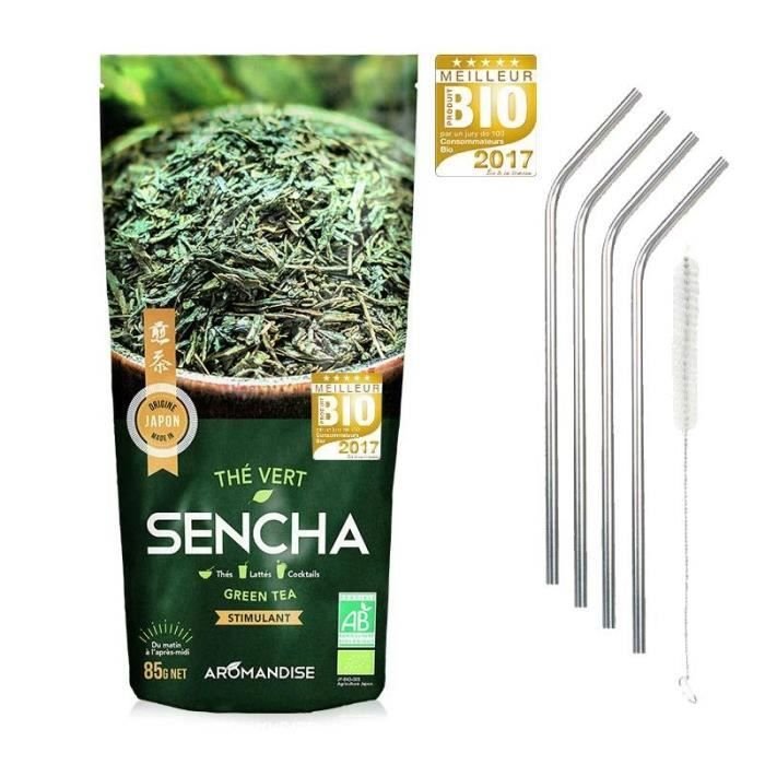 Ekologiczna japońska zielona herbata Sencha + 4 słomki ze stali nierdzewnej