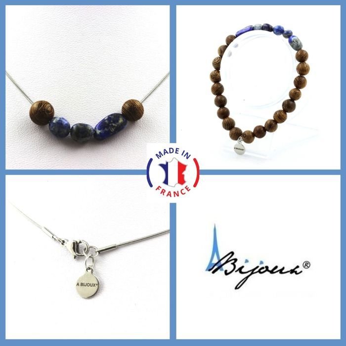 Kamienie i minerały. Zestaw biżuterii Bransoletka Naszyjnik 8 mm koraliki drewniane + Lapis Lazuli Możliwość dostosowania rozmiaru.