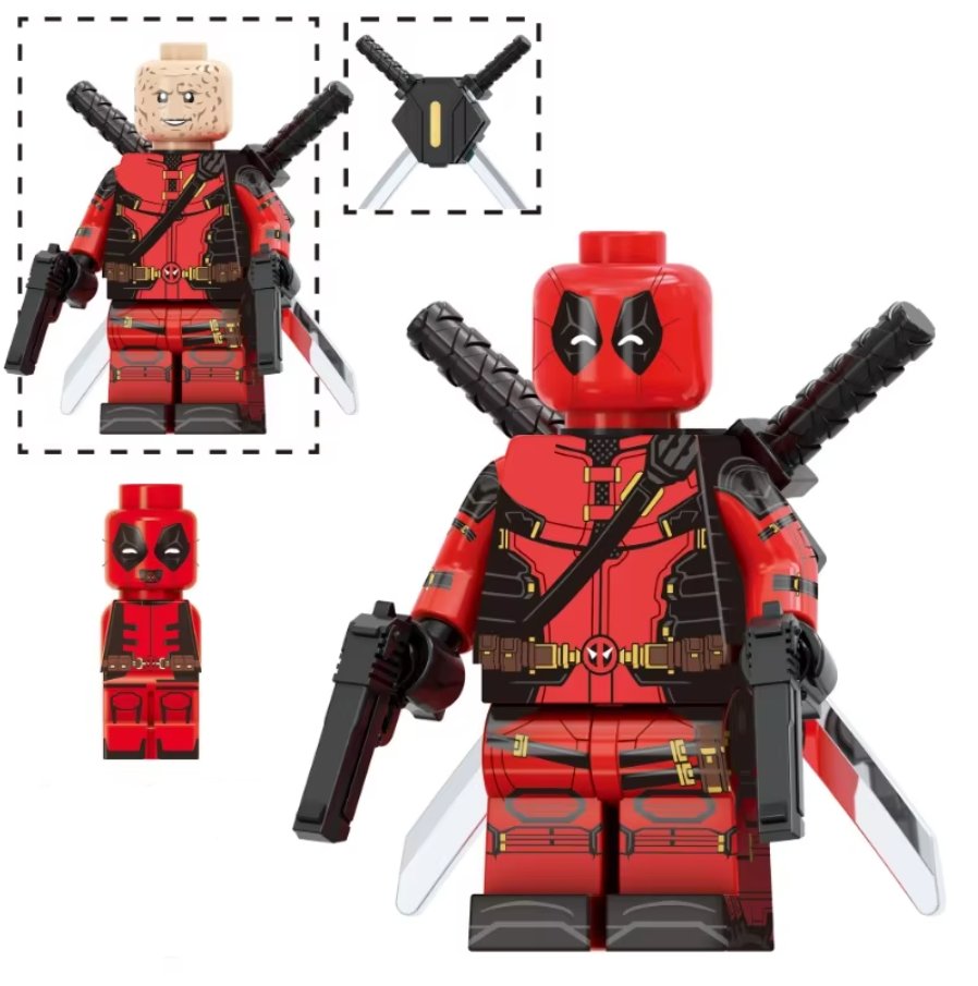 Klocki figurka ludzik DEADPOOL i MINI Deadpool AVENGERS Marvel 2-główki miecze pistolety podstawka