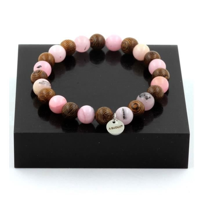 Kamienie i minerały. Bransoletka Koraliki Drewniane + Różowy Opal 8 mm. Wyprodukowano we Francji.