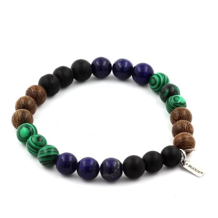 Kamienie i minerały. Bransoletka z koralików Lapis Lazuli + Malachit + Matowy czarny onyks + Drewno 8 mm. Wyprodukowano we Francji.