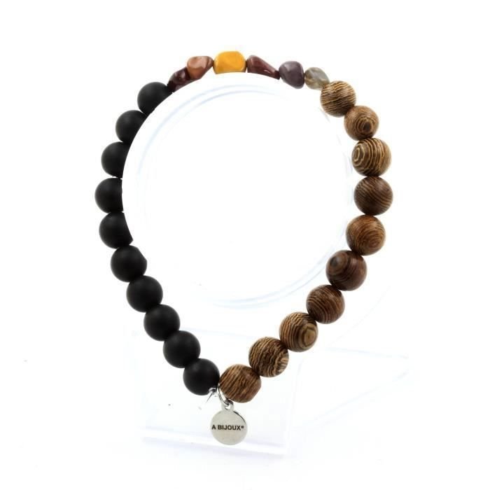 Kamienie i minerały. Bransoletka Mookaite z Australii + matowe czarne koraliki Onyx + drewno 8 mm. Wyprodukowano we Francji.