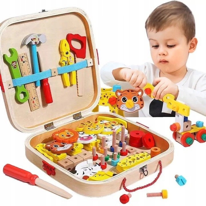 Zestaw Majsterkowicza Zabawa W Warsztat Drewniany Skrzynka Narzędzia Zwierz