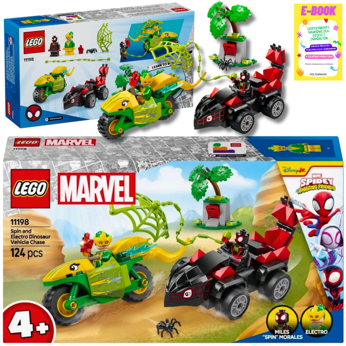 LEGO MARVEL Spidey Pościg Spina za Electro w Dinopojeździe 11198 KLOCKI PREZENT + EBOOK