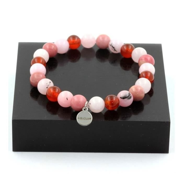 Bransoletka z kamieni naturalnych - ABIJOUX - Różowy Opal + Rodonit + Czerwony Agat + Różowy Kwarc - 8 mm