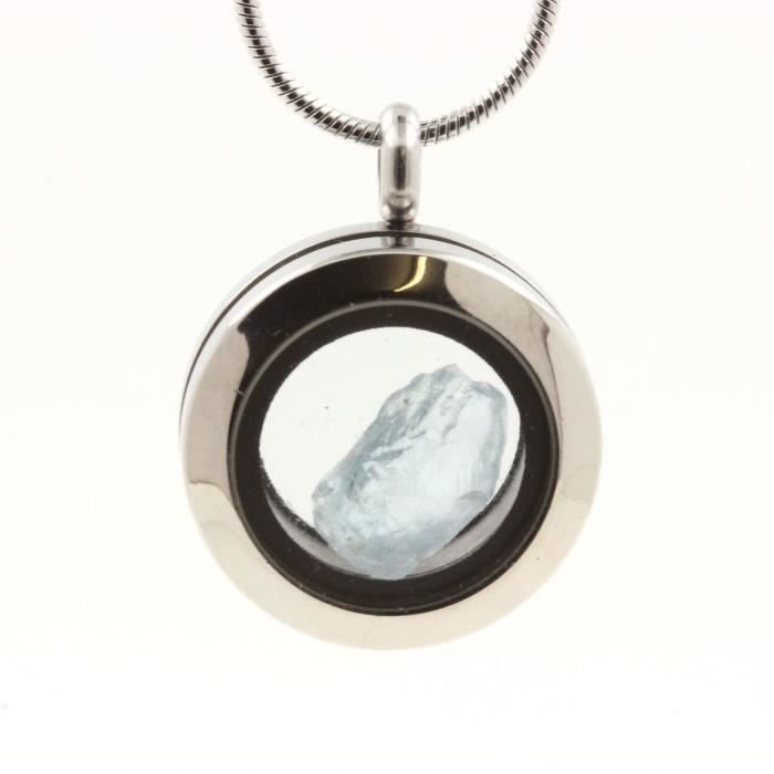Kamienie i minerały. Naszyjnik z surowego akwamarynu. Medalion model 25 mm. Kolor srebrny.