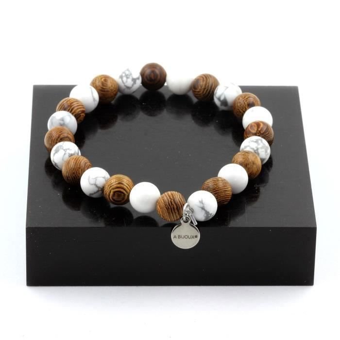 Kamienie i minerały. Koraliki Howlite + Drewniana Bransoletka 8 mm. Wyprodukowano we Francji.