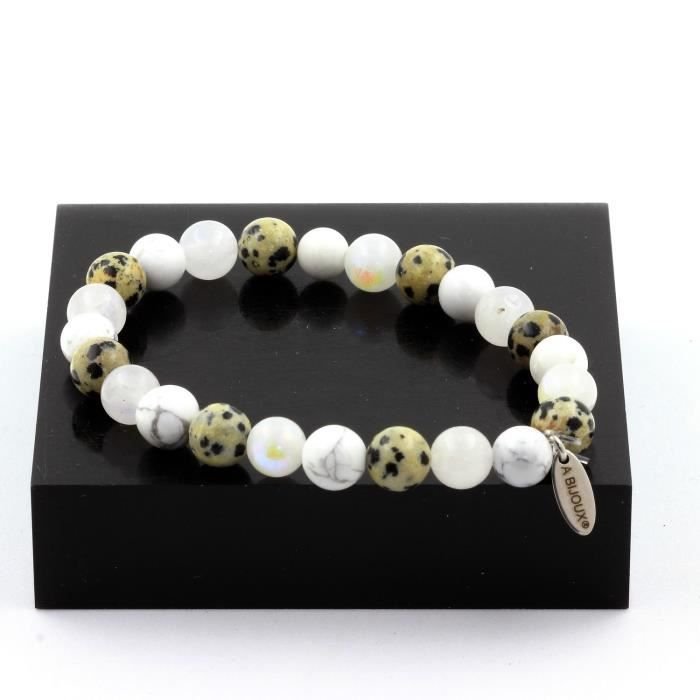 Bransoletka Koraliki Howlite + Jaspis Dalmatyński + Kamień Księżycowy 8 mm - ABIJOUX - Wyprodukowano we Francji