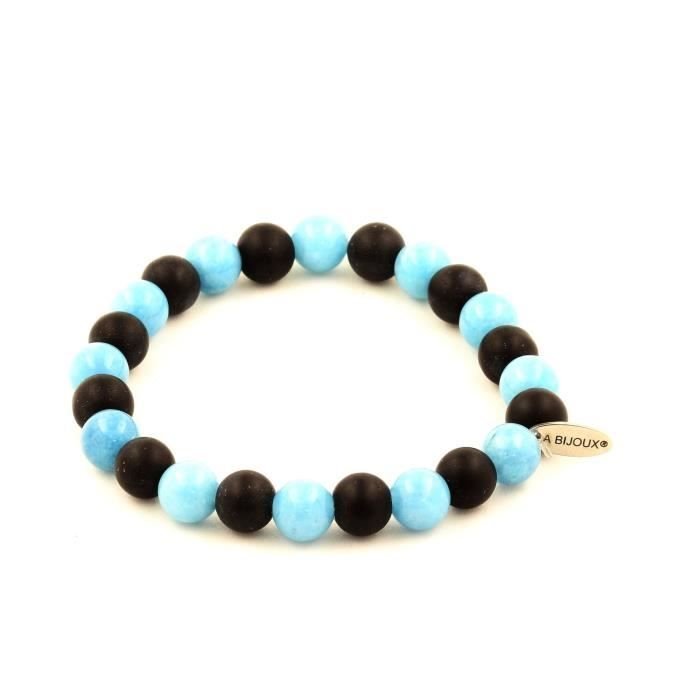 Bransoletka z niebieskich koralików chalcedonu + matowy czarny onyks 8 mm - ABIJOUX - Made in France
