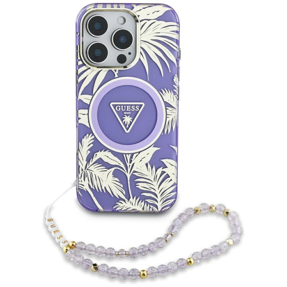 Guess Etui Palm Trees Triangle Pearl Strap MagSafe do iPhone 16, fioletowe
