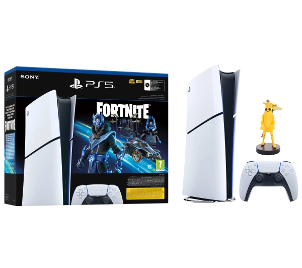 Sony PlayStation 5 Digital Slim D Chassis (PS5 1TB Zestaw startowy Fortnite Cobalt + Stojak Na Pada Cable Guys Peely)
