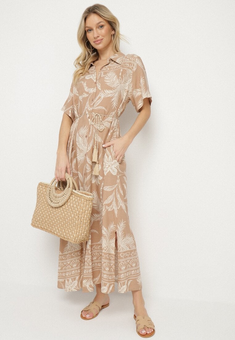 Beżowa Koszulowa Sukienka z Wiskozy w Kwiatowy Wzór z Kieszeniami Eramira