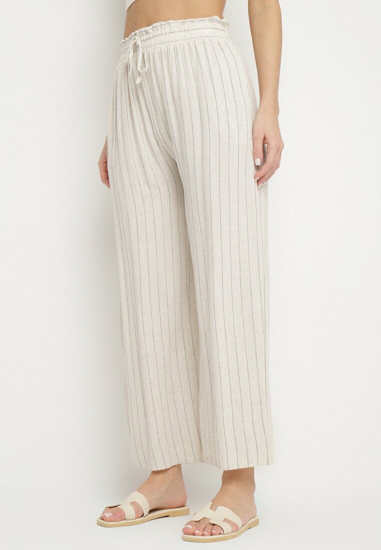 Beżowe Szerokie Spodnie z Lnem w Paski Wiązane w Talii Firedia