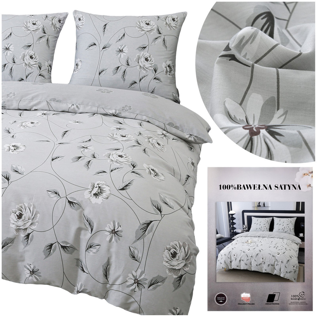 Pościel 200x220 3 części Komplet Satyna Bawełniana Dwustronna Dalia