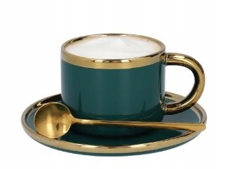 Filiżanka Homla Sinnes szmaragdowa porcelana 200 ml ze złotą łyżeczką