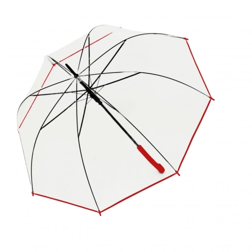 Parasol damski Derby Hit Long półautomatyczny długi transparentny z czerwoną oblamówką