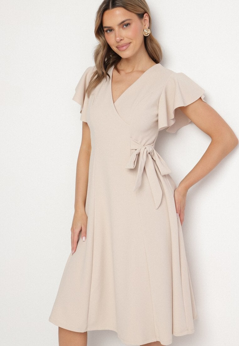 Beżowa Rozkloszowana Sukienka Kopertowa z Wiązaniem w Talii Dannila