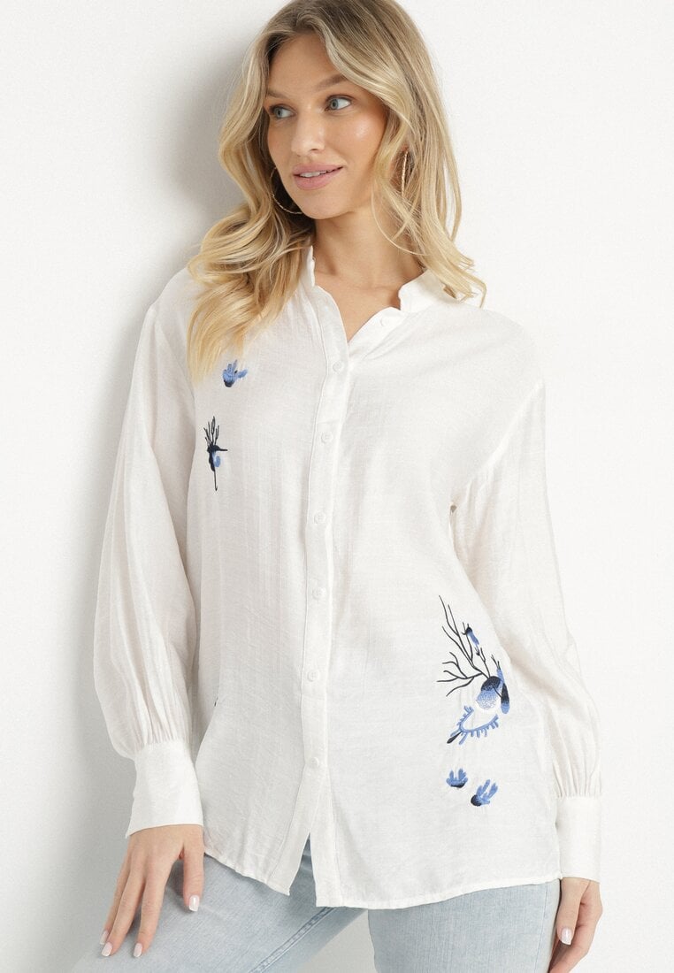 Biała Koszula z Wiskozą o Klasycznym Kroju Zdobiona Haftem Korilene