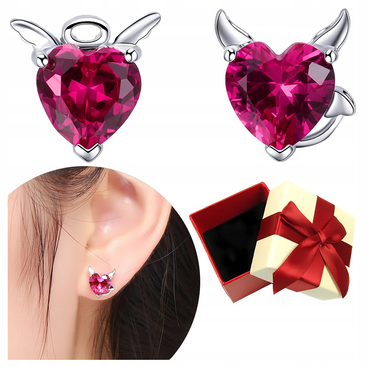 KOLCZYKI srebrne S925 czerwone SERDUSZKA diabełki kryształy cyrkonie srebro