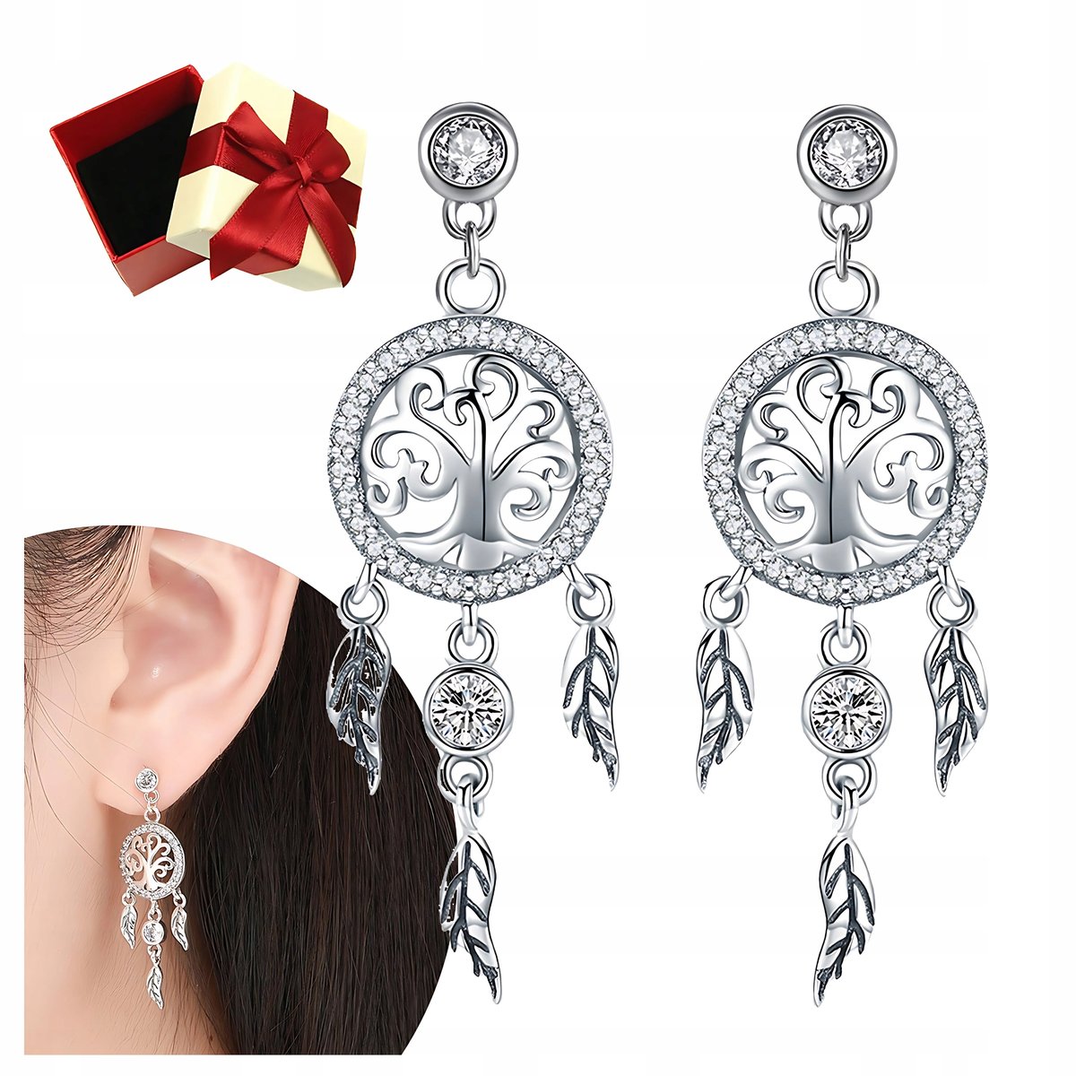 KOLCZYKI srebrne pr 925 wiszące ŁAPACZ SNÓW sztyft cyrkonie kryształki