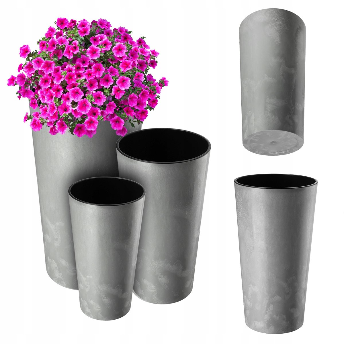 ZESTAW 3 SZT DONICZKA DONICA + WKŁAD SZARA KWIETNIK WYSOKA OGRODOWA 57cm