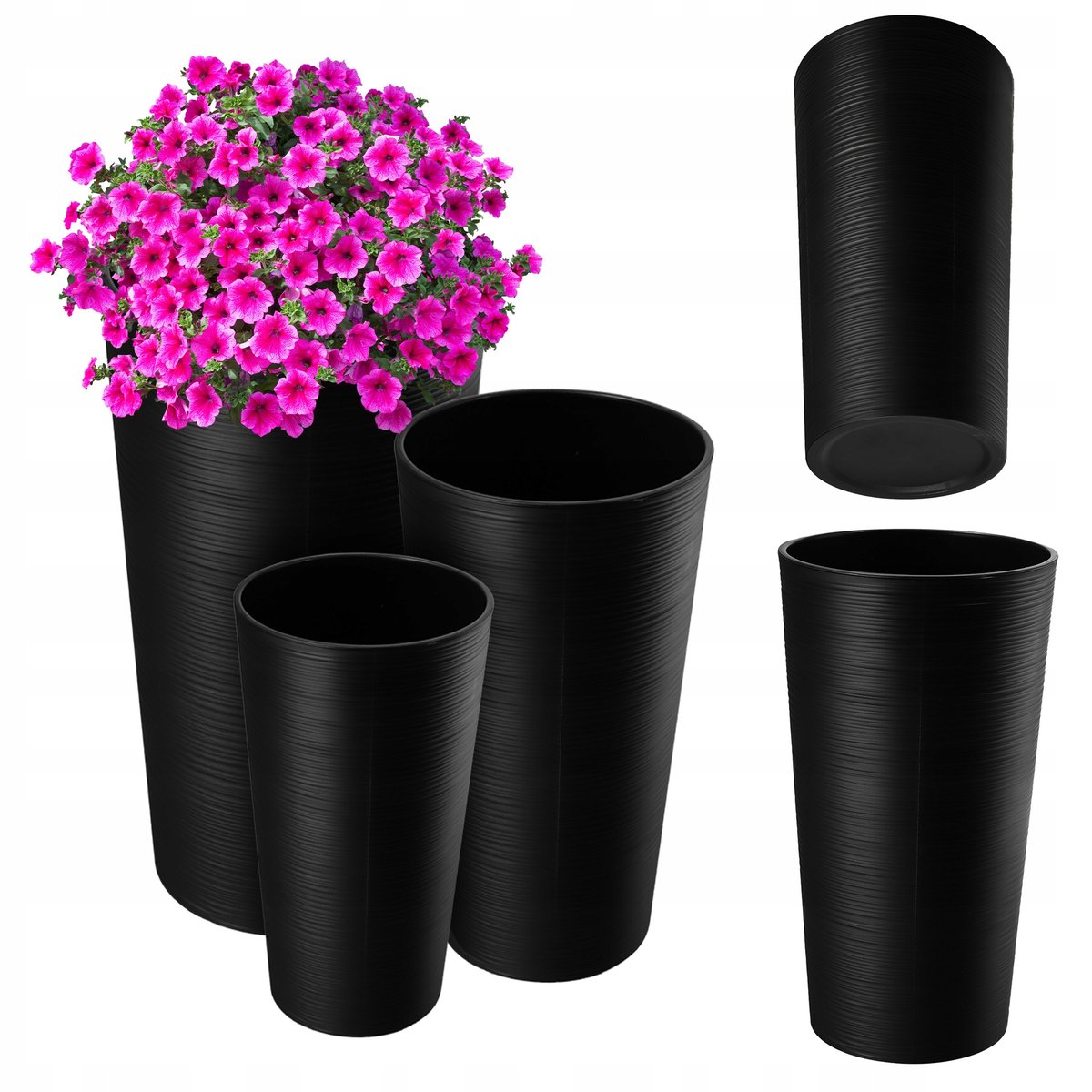 ZESTAW 3 SZT DONICZKA DONICA + WKŁAD CZARNA KWIETNIK WYSOKA OGRODOWA 57cm
