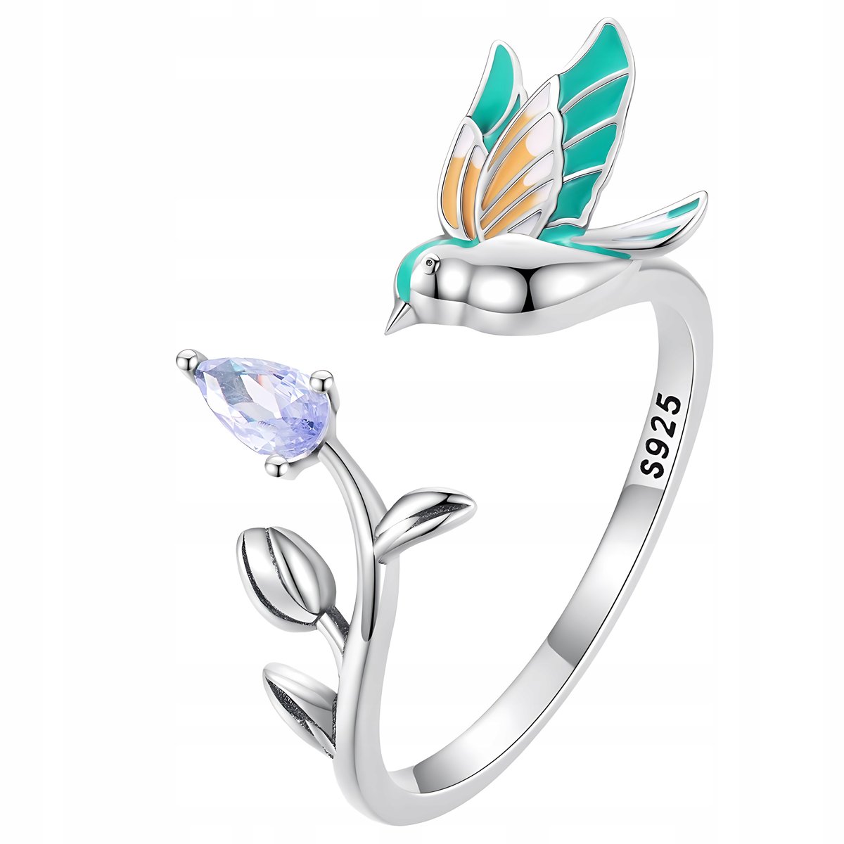 PIERŚCIONEK kolorowy KOLIBER kwiat S925 regulowany otwarty cyrkonie srebro