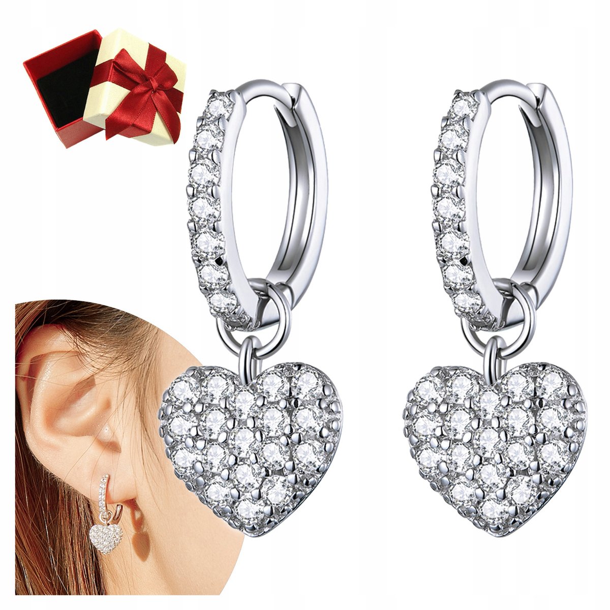 KOLCZYKI srebrne S925 wiszące SERDUSZKA cyrkonie kryształki angielskie