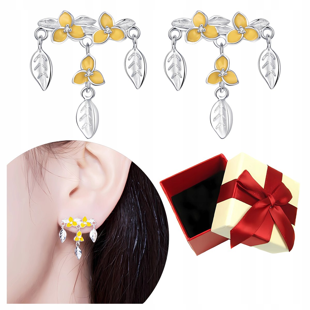 KOLCZYKI srebrne S925 delikatne z KWIATKAMI żółte wiszące listki cyrkonie