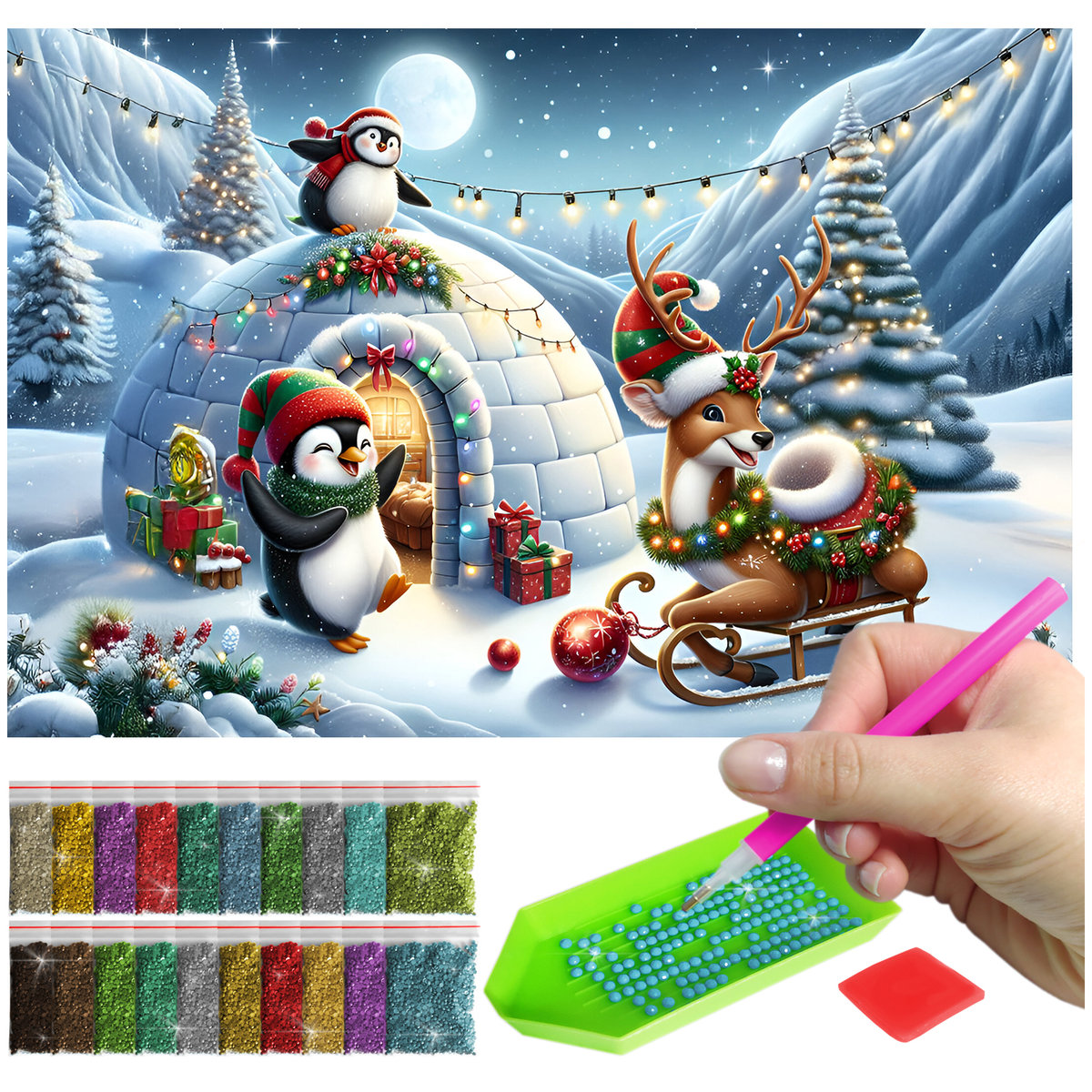 HAFT DIAMENTOWY (40x60cm) – Magiczna Zima: Pingwiny i Renifer