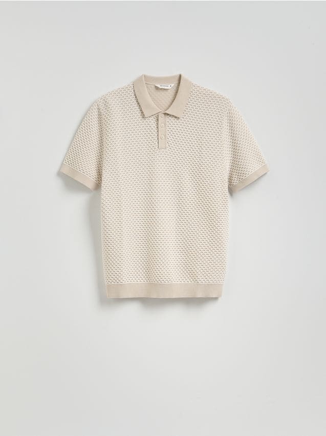 Reserved - Sweter polo ze strukturalnej dzianiny - beżowy