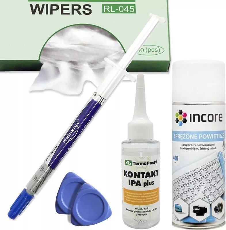 Mikrusy Pasta termoprzewodząca + Alkohol IPA + Ściereczki + Otwieraki + Sprężone powietrze